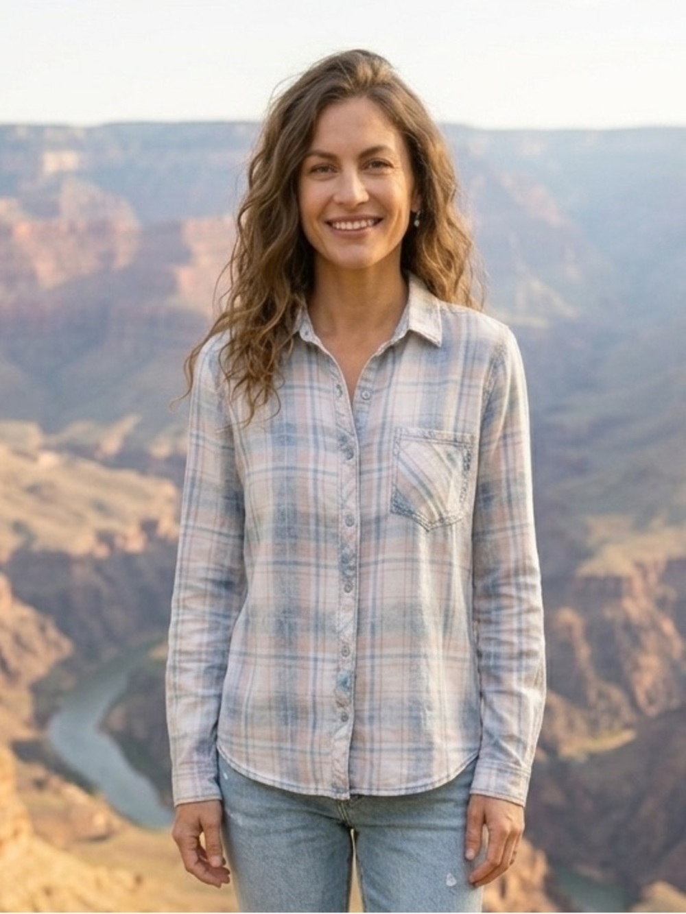 Bella Dahl Acid Wash Plaid Button-Down Shirt Size Medium